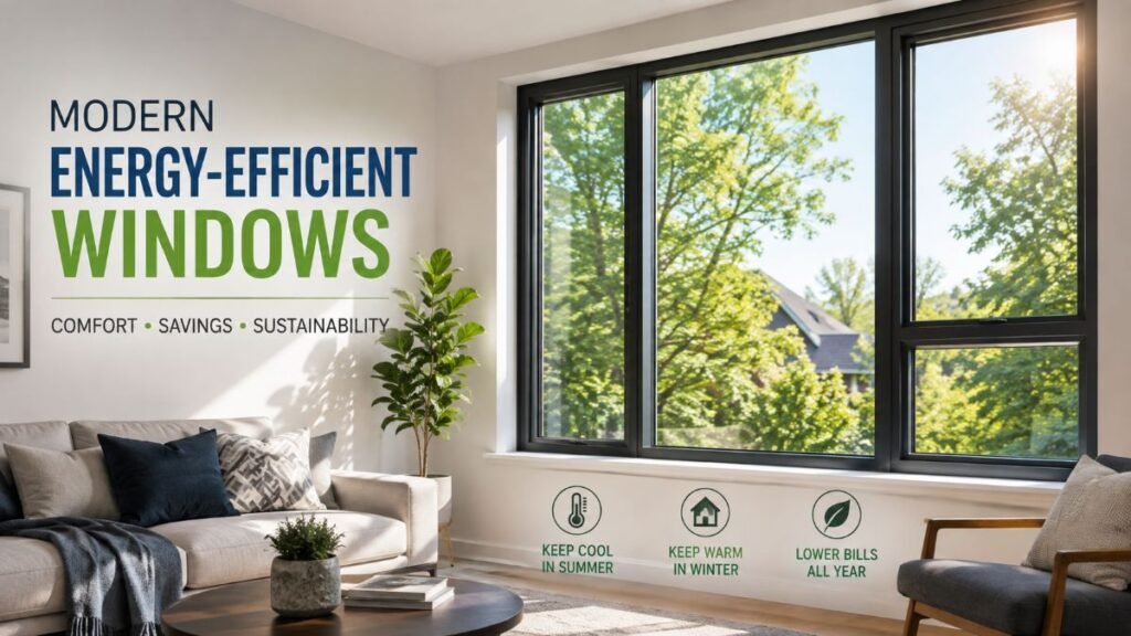 Modern double-pane energy efficient windows installed in a sunlit living room.
