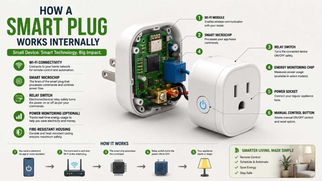 A compact smart plug adapter demonstrating its internal wireless architecture