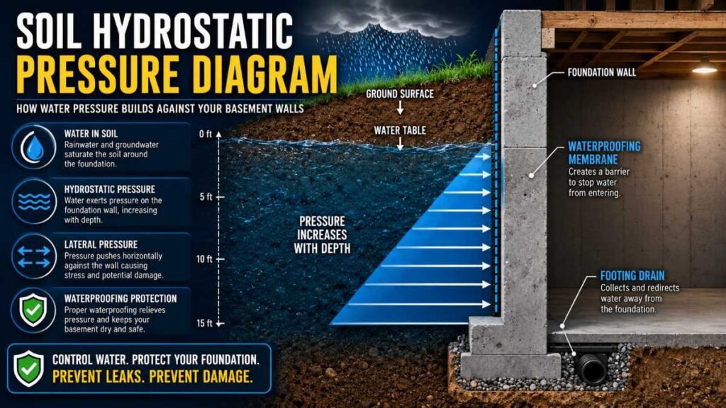 Diagram showing soil pressure causing leaks in a basement waterproofing guide.