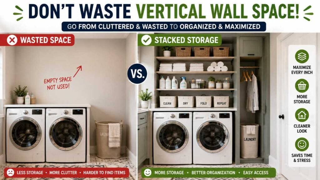 Underutilized vertical wall space above washer showing missed laundry room storage ideas