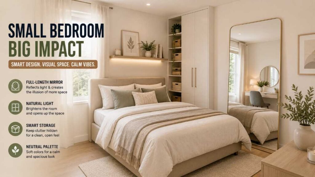 Neutral bedroom design with bedroom storage ideas for small rooms.