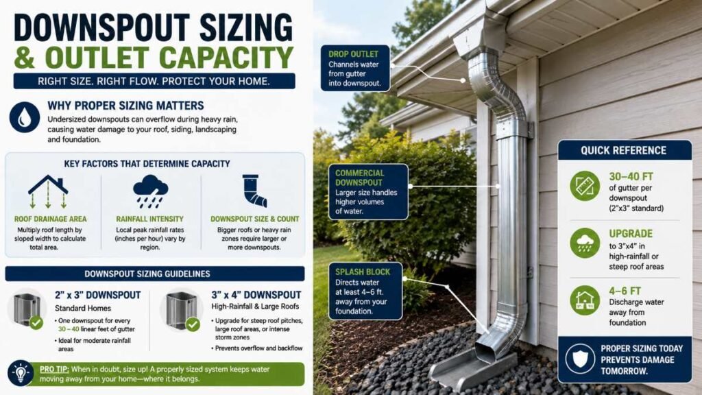 Oversized downspout connection for heavy runoff management in rain gutter installation.