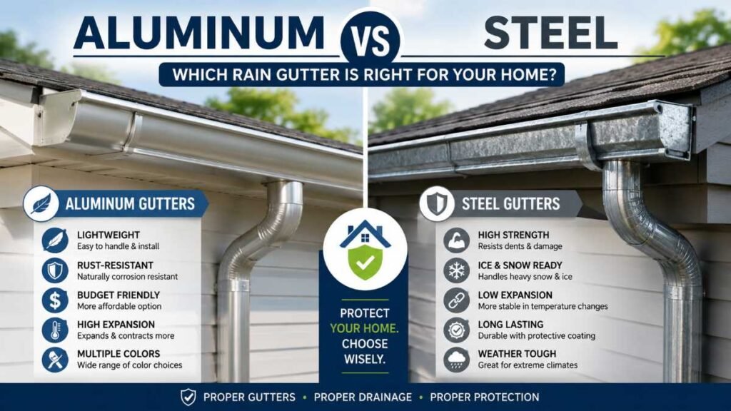 Comparing aluminum and galvanized steel profiles for rain gutter installation.