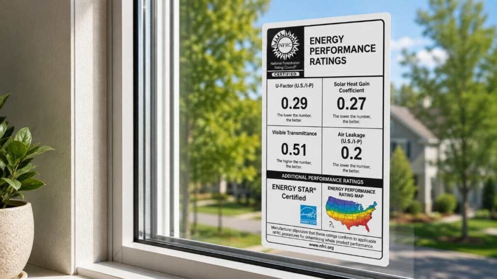 Official NFRC label attached to energy efficient windows showing U-Factor and SHGC.