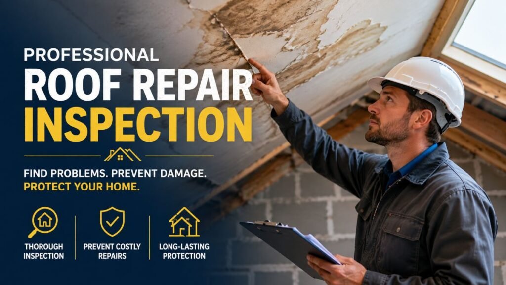 Professional roofing contractor performing a detailed roof repair assessment on a residential home
