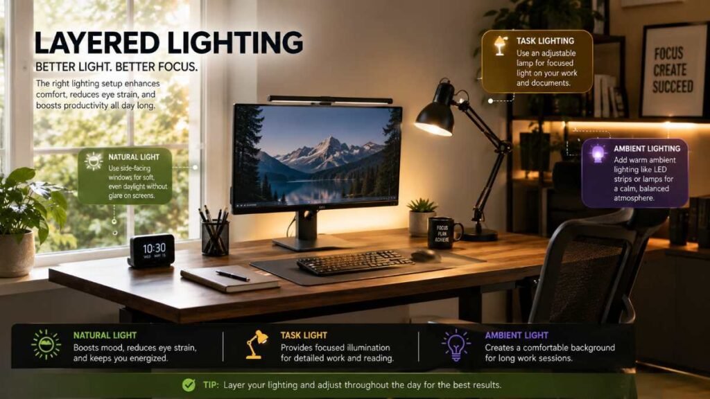 Layered lighting home office setup ideas showing side-facing natural light and anti-glare LED desk lamp.