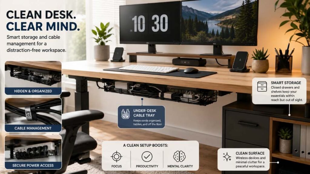 Organized cable management home office setup ideas featuring under-desk wire trays and wireless peripherals.