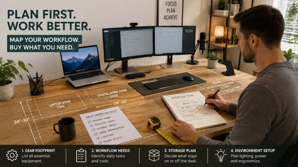 Planning home office setup ideas by organizing laptop, dual screens, and notepad space before buying a desk.