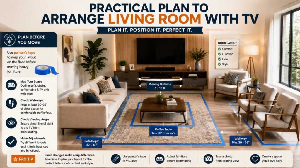 Planning floor layout using tape before executing how to arrange a living room with a TV