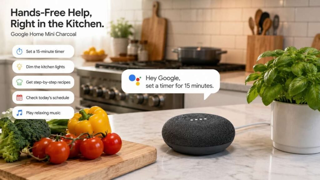 google home mini charcoal voice assistant active on kitchen counter