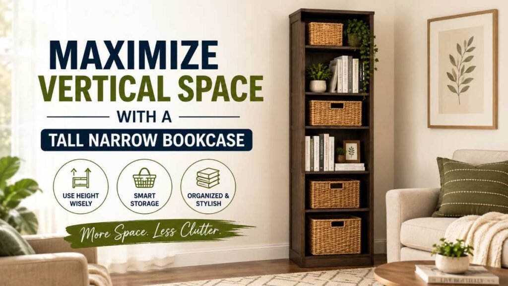A tall, narrow wooden bookcase utilizing vertical wall space in a small living room corner, filled with books and woven baskets, an essential component of effective living room storage ideas.