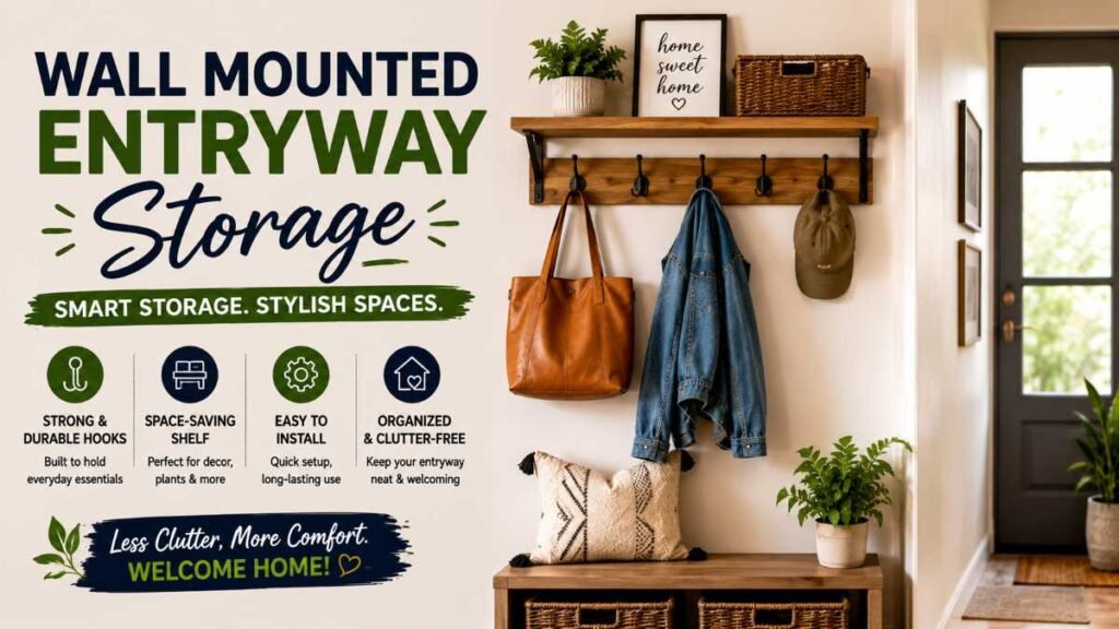 Wall-mounted entryway storage with hooks and shelves