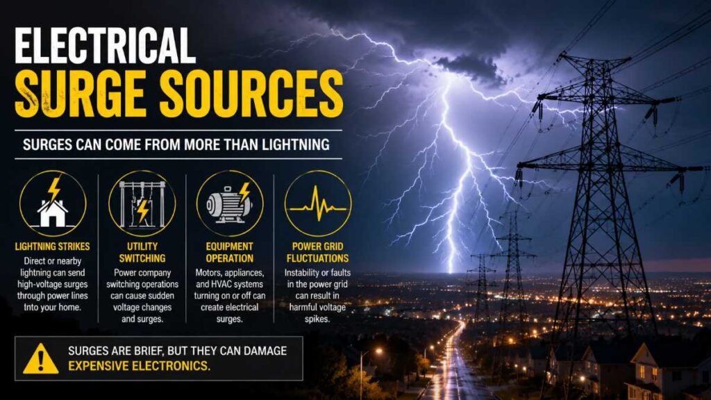Power transmission lines during a storm showing potential electrical surge sources
