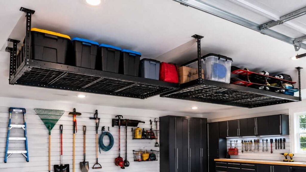 Utilizing overhead ceiling space is a smart garage storage ideas hack for seasonal gear