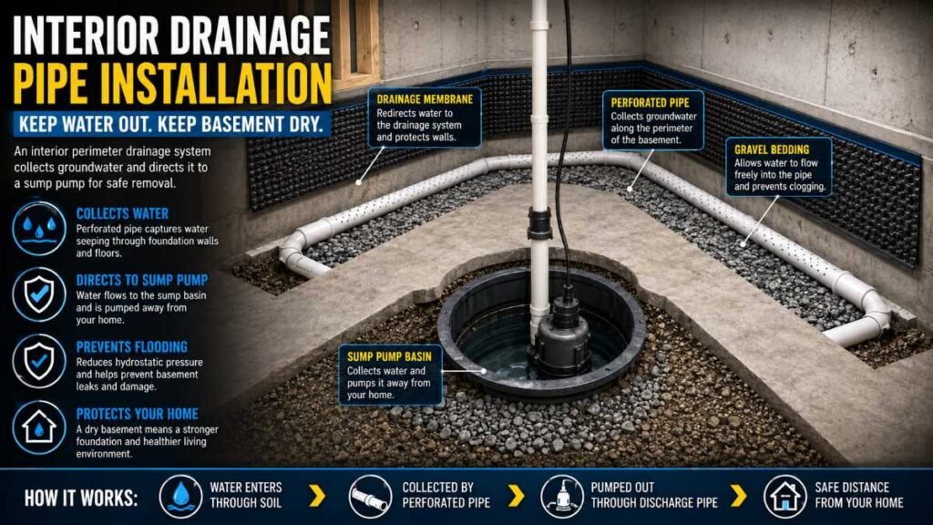 Sub-floor pipe installation following our basement waterproofing guide.