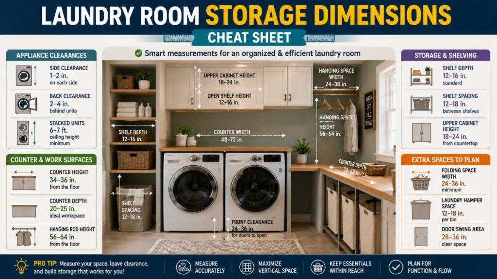 Accurate measurement clearances for overhead laundry room storage ideas above front-load washer
