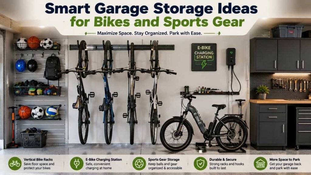 Vertical wall mounted bike rack and e-bike charging station demonstrating smart garage storage ideas.