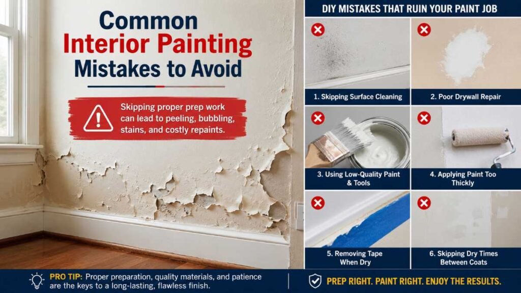 Interior painting mistakes showing tape peeling on wall