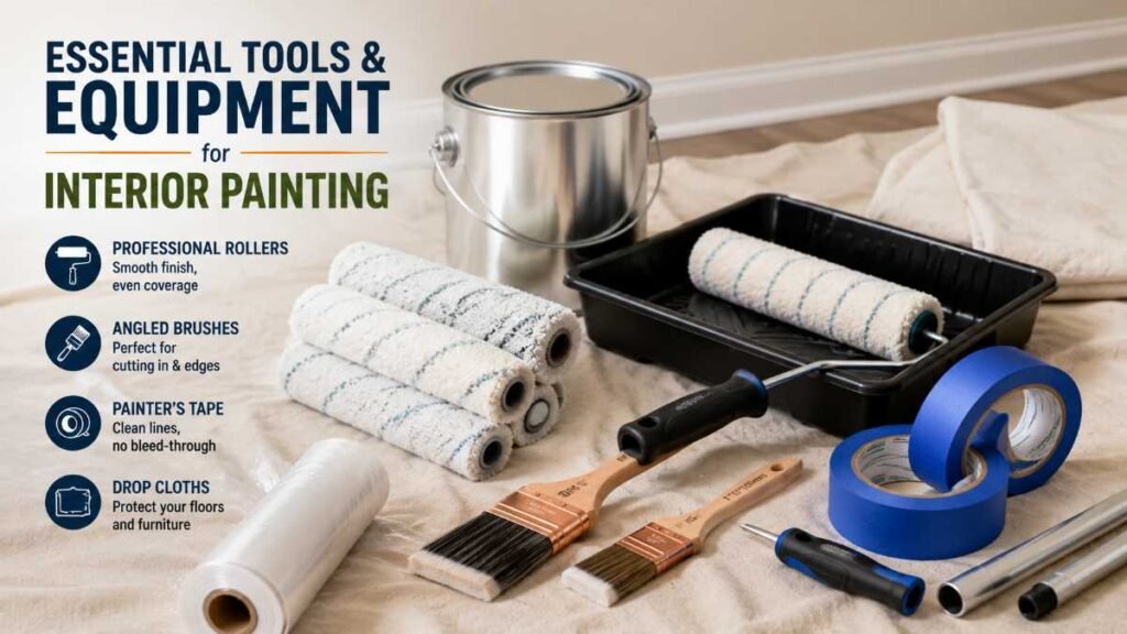 Interior painting tools including brushes rollers and tape