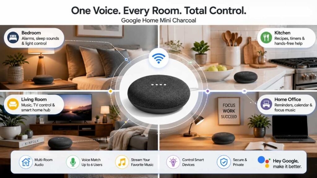google home mini charcoal placed on living room media console