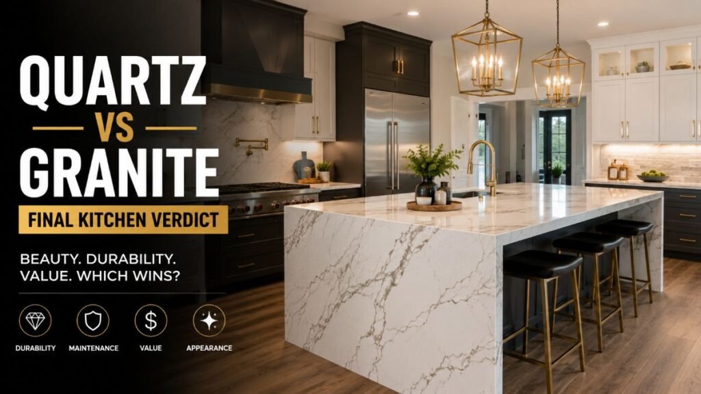 Completed kitchen design featuring quartz vs granite countertops verdict