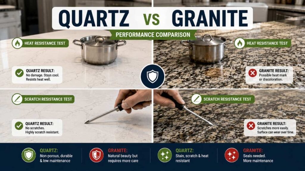 Heat and stain testing on quartz vs granite countertops surface.