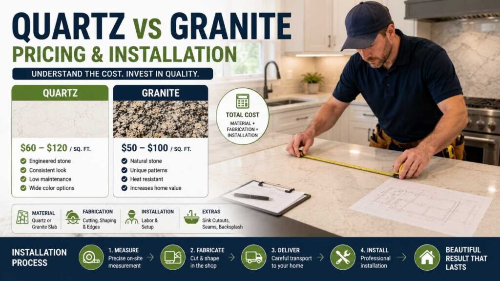 Calculating installed cost for quartz vs granite countertops renovation
