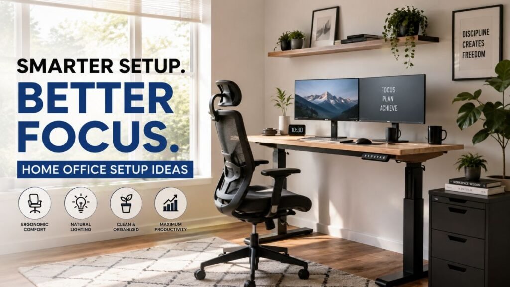 Modern ergonomic home office setup ideas featuring an adjustable standing desk, dual monitors, and natural window lighting.