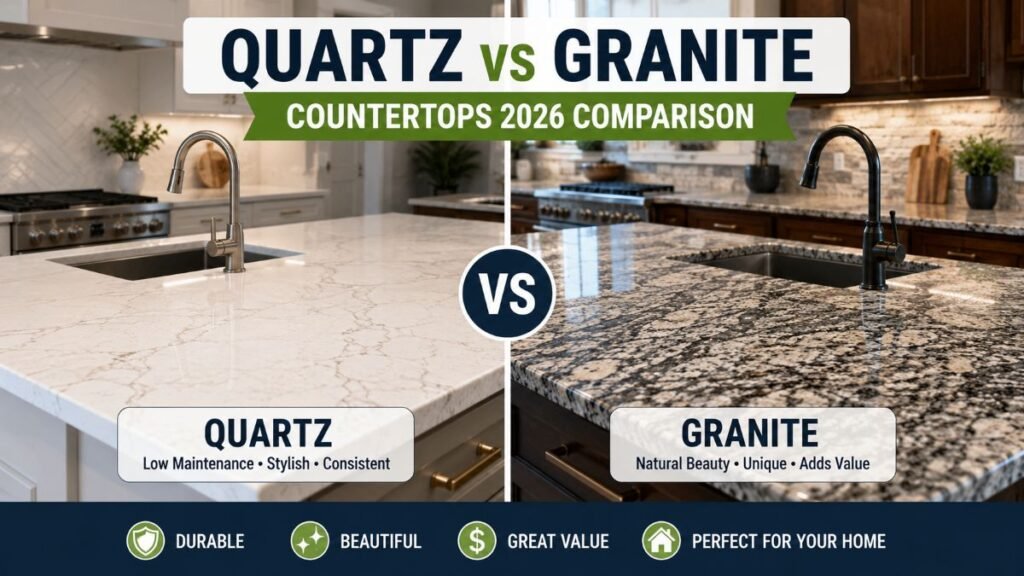 Modern kitchen design featuring quartz vs granite countertops comparison
