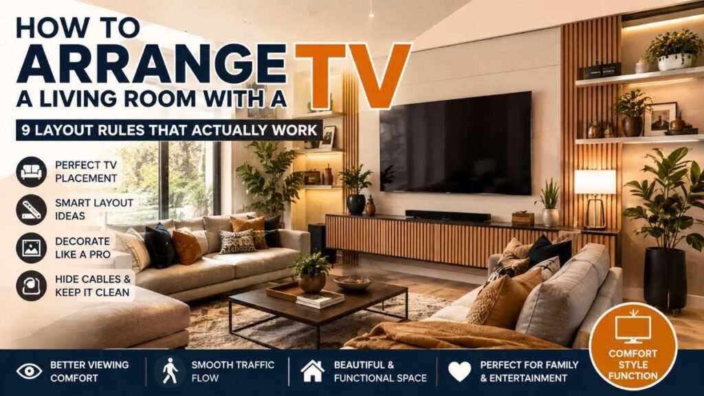 Modern living room layout showing how to arrange a living room with a TV for best viewing