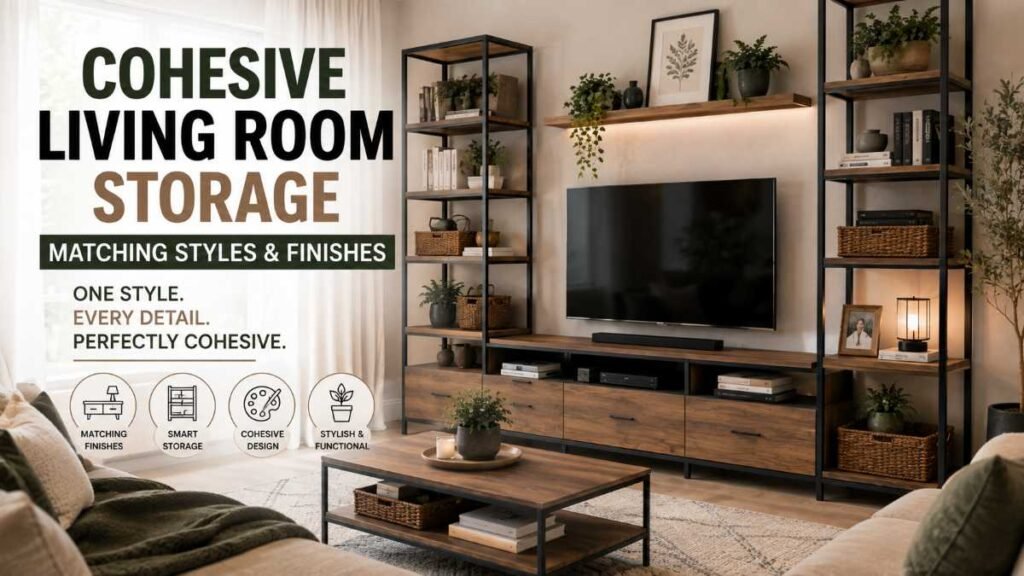 A curated living room corner displaying a low-profile media console and floating shelves that share matching light wood and black metal finishes, key to intentional living room storage ideas.