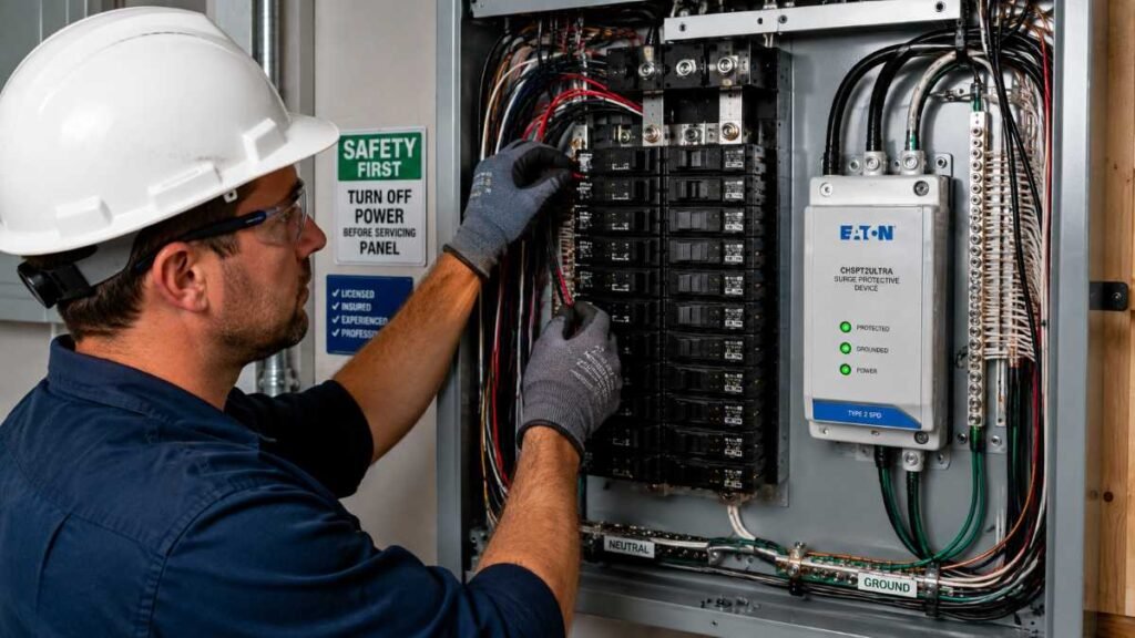 Electrician carefully routing short, direct conductors for panel surge protector