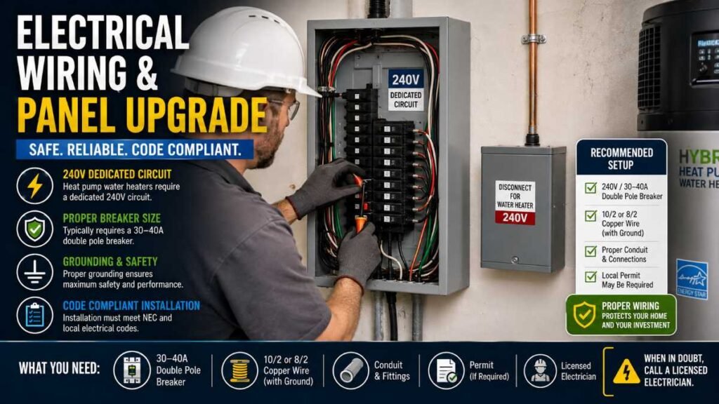 Electrical wiring for a heat pump water heater in the USA