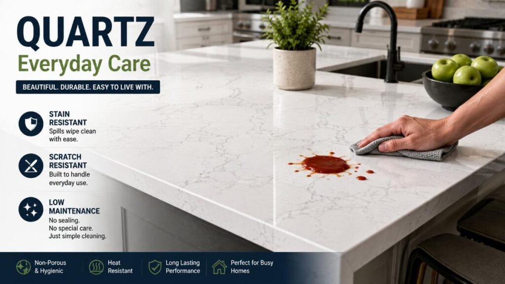 Stain resistant white engineered surface in quartz vs granite countertops evaluation.