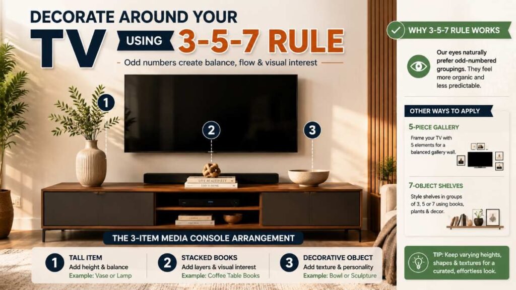 Media stand below wall TV styled with three decorative items using 3-5-7 rule