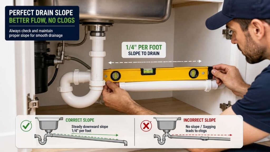 Checking drain pipe slope during kitchen sink installation