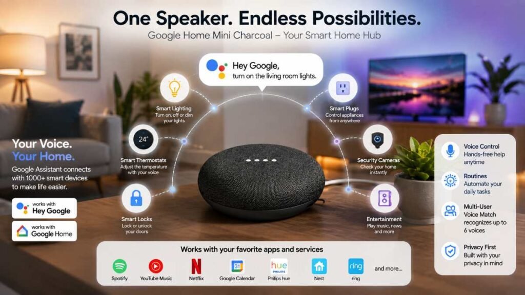 google home mini charcoal connected to smart lights and ecosystem