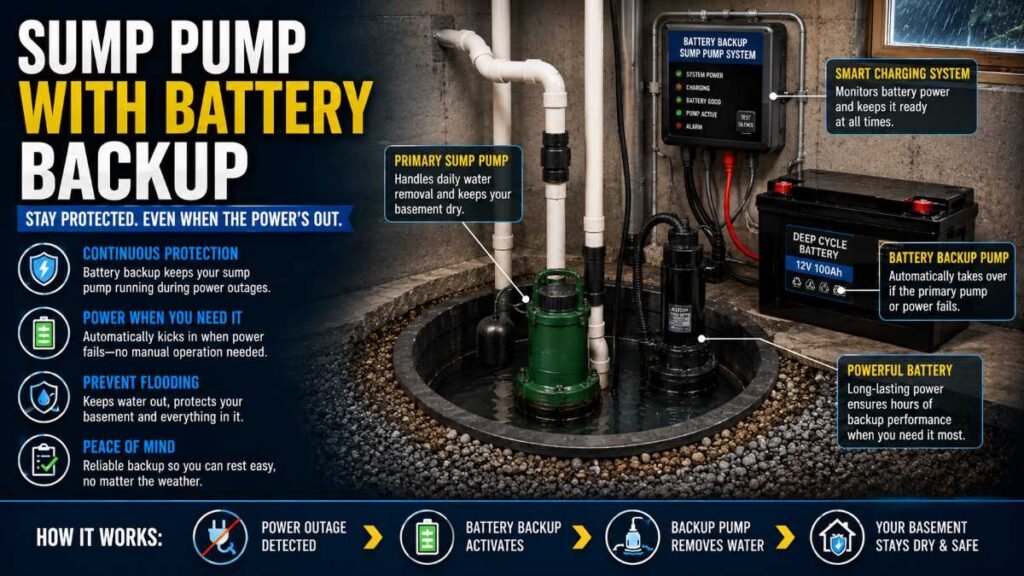 Submersible sump pump setup featured in a basement waterproofing guide.