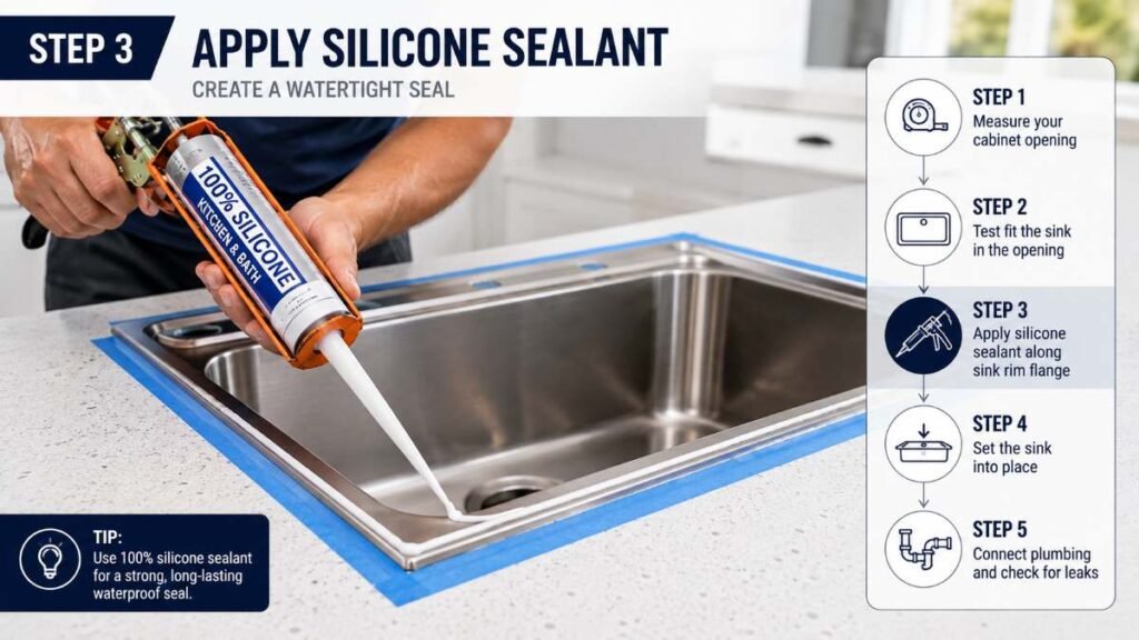 Applying waterproof silicone during step-by-step kitchen sink installation