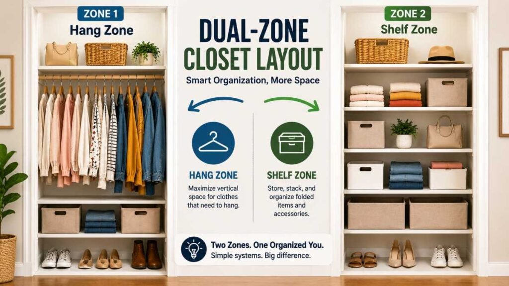 Dual-zone layout applying functional small closet organization ideas