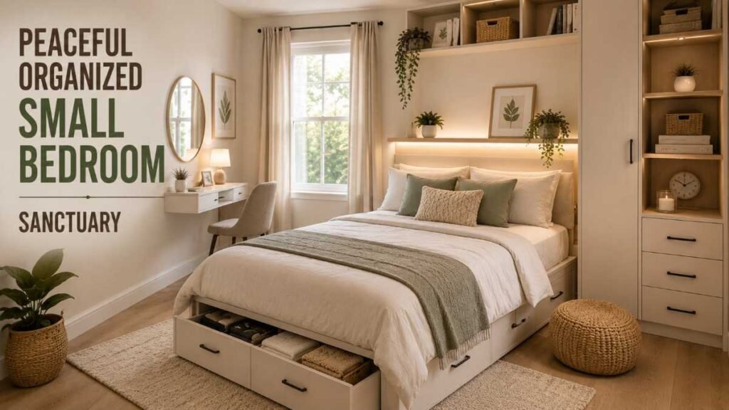 Organized peaceful sanctuary showcasing bedroom storage ideas for small rooms.