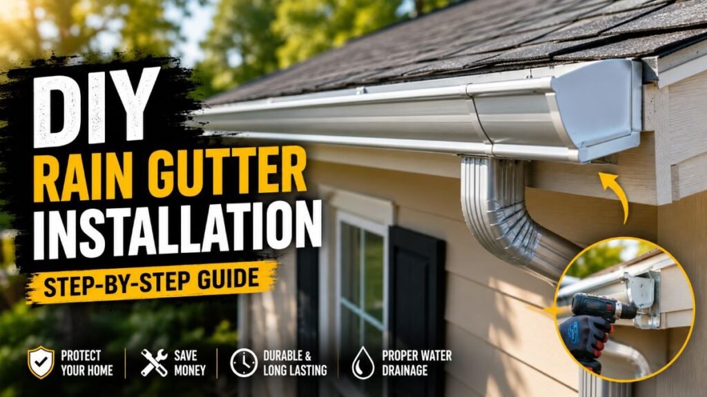 Complete rain gutter installation showing clean fascia mounting and downspout connection on a residential home.