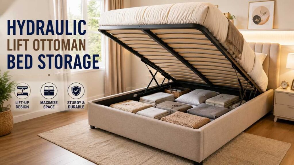 Hydraulic lift bed showcasing bedroom storage ideas for small rooms.