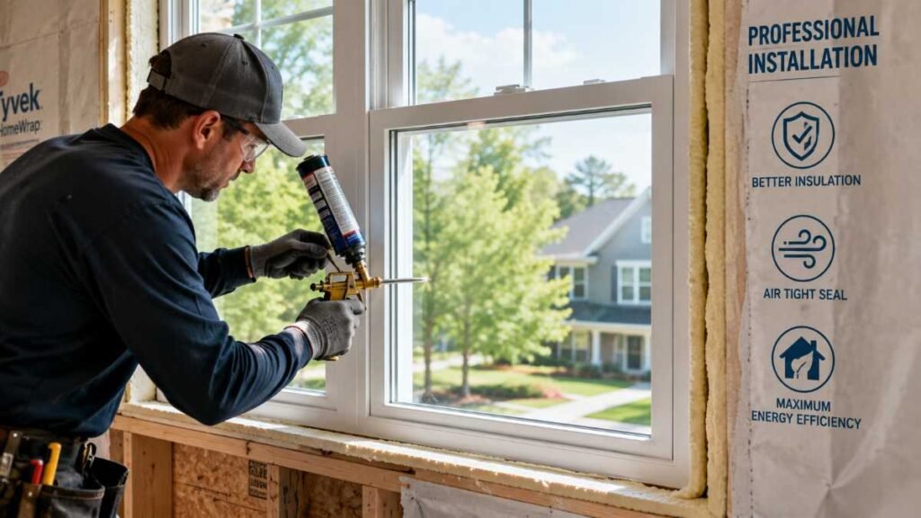 Professional installer applying low-expansion foam to seal energy efficient windows