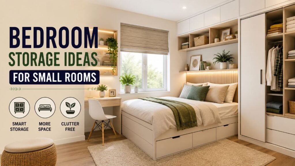 Organized modern bedroom demonstrating bedroom storage ideas for small rooms.