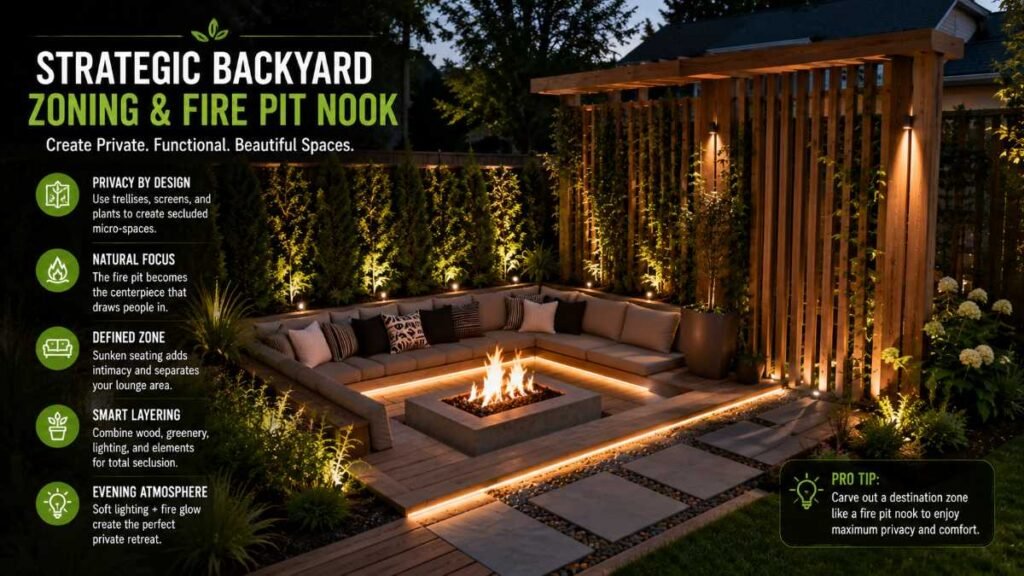 Creative backyard privacy ideas through micro-zoning break large open lots into intimate retreats.