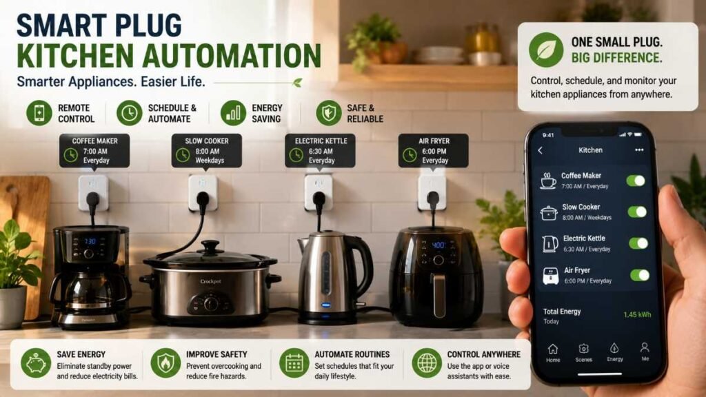 A slow cooker connected to a Wi-Fi enabled smart plug on a kitchen counter.