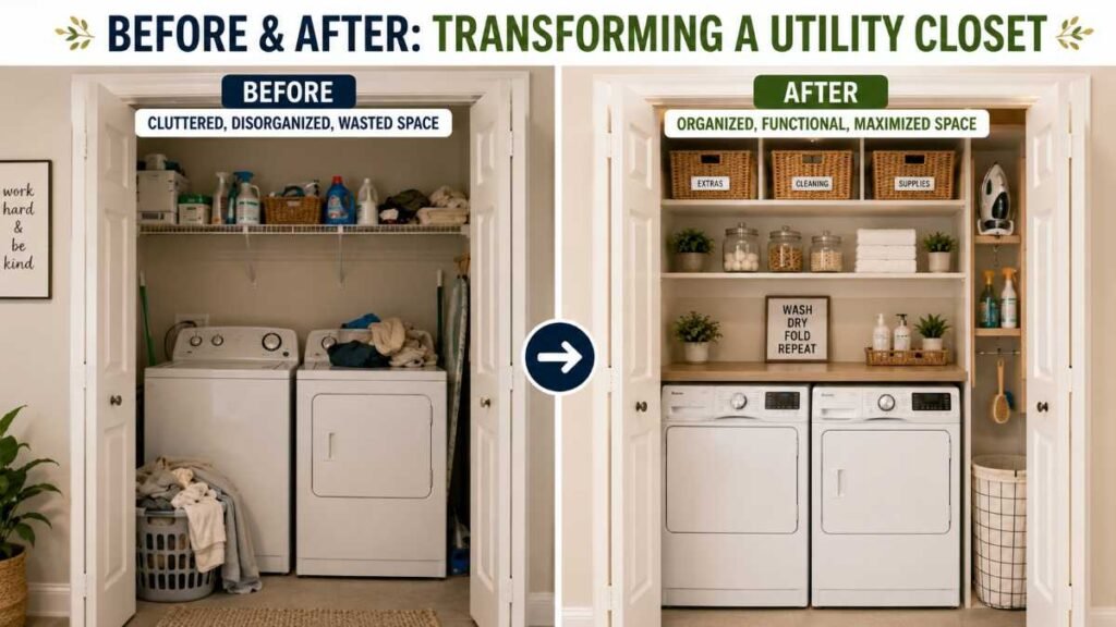 A diptych showing the same small laundry closet: left is messy with clutter on machines, right is organized with shelves, rod, and cart.