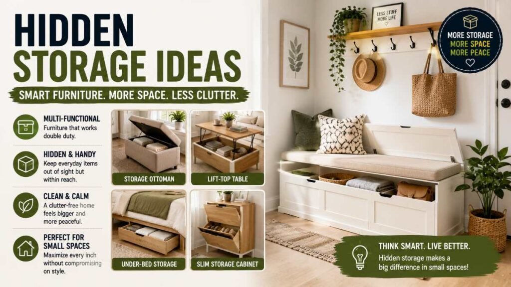 Baskets and hidden storage for small area decorating ideas
