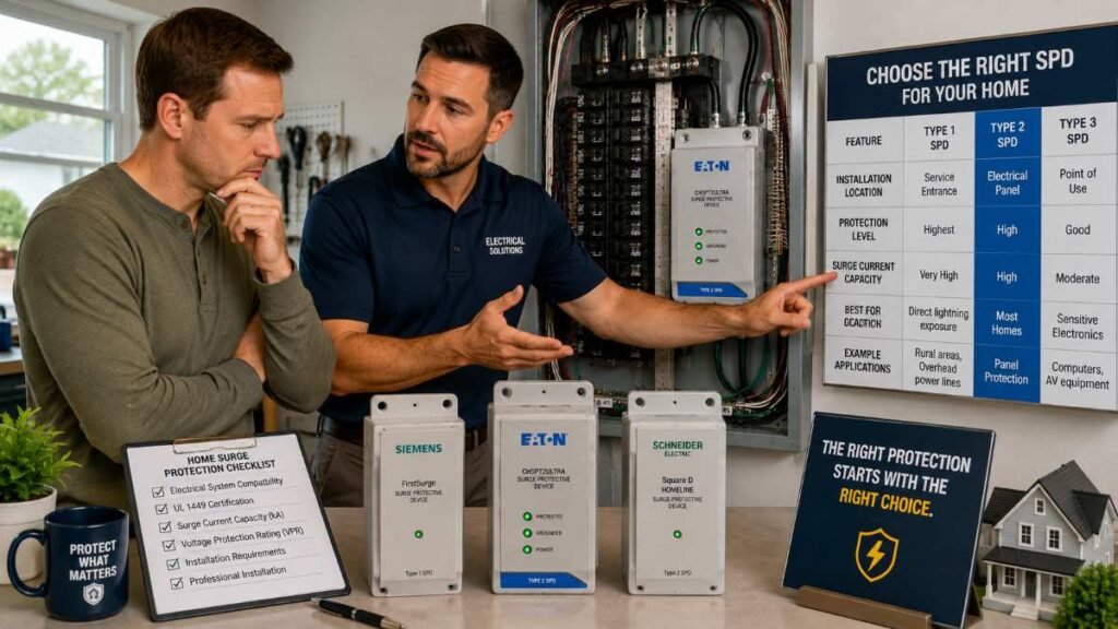 Electrician explaining panel-mounted surge protector specifications to a homeowner